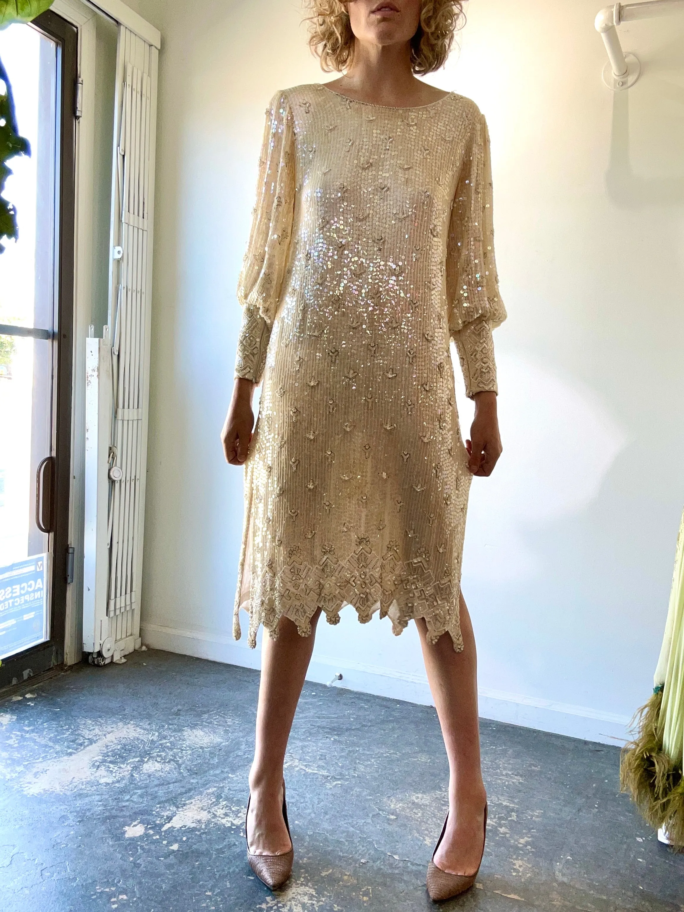 Vintage Sistermax Cream Sequin Cocktail Dress with Matching Belt