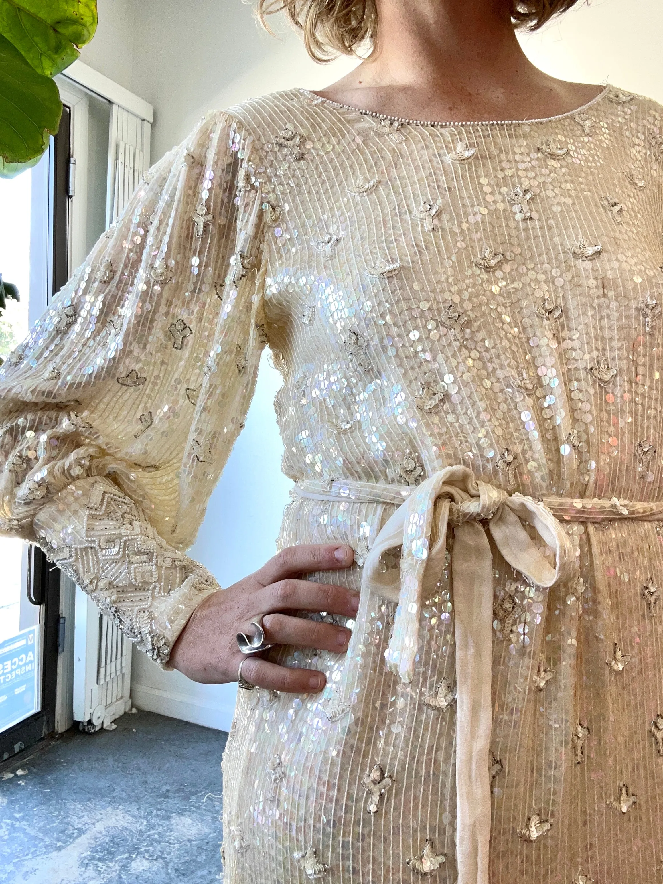 Vintage Sistermax Cream Sequin Cocktail Dress with Matching Belt