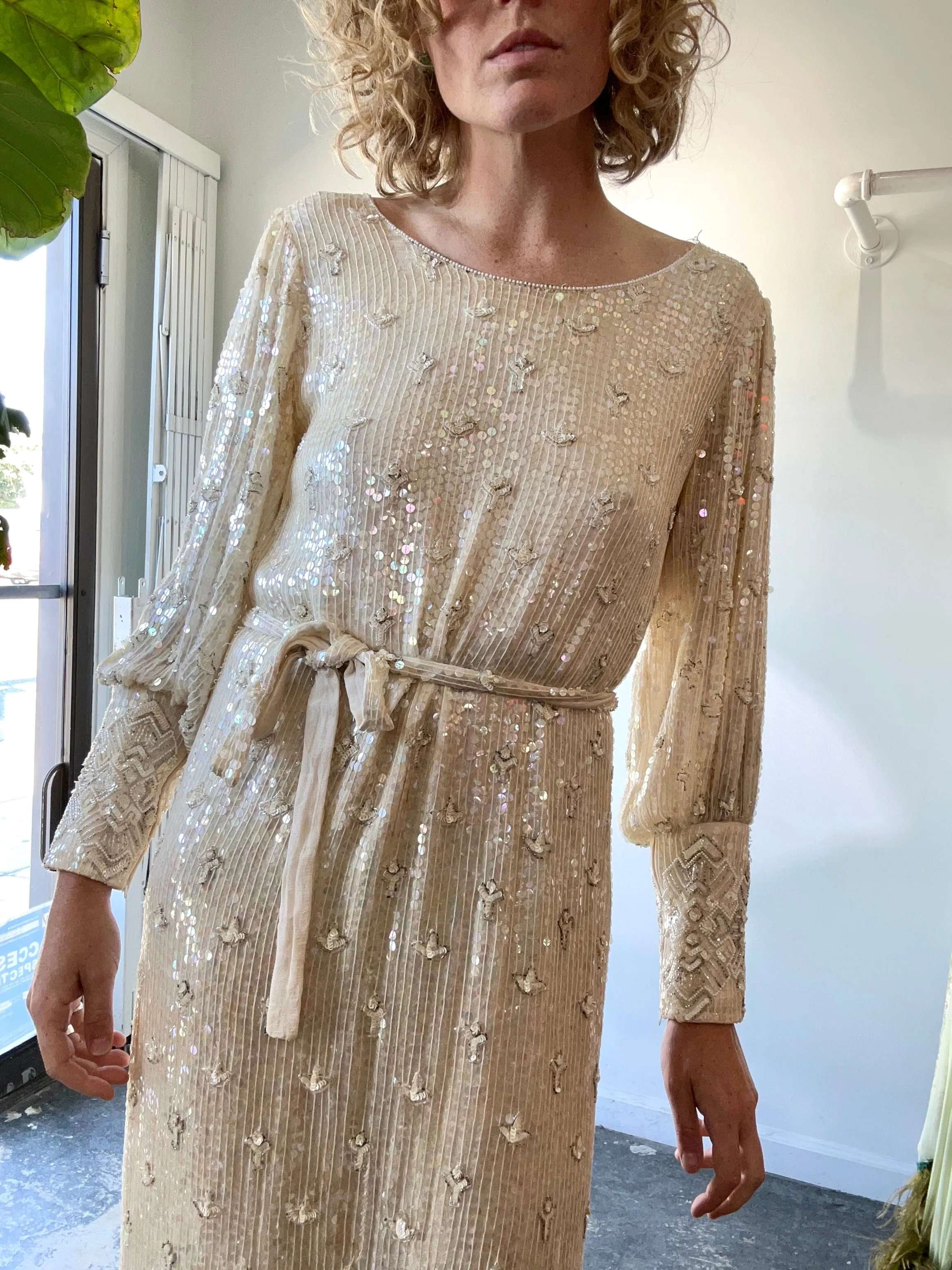 Vintage Sistermax Cream Sequin Cocktail Dress with Matching Belt