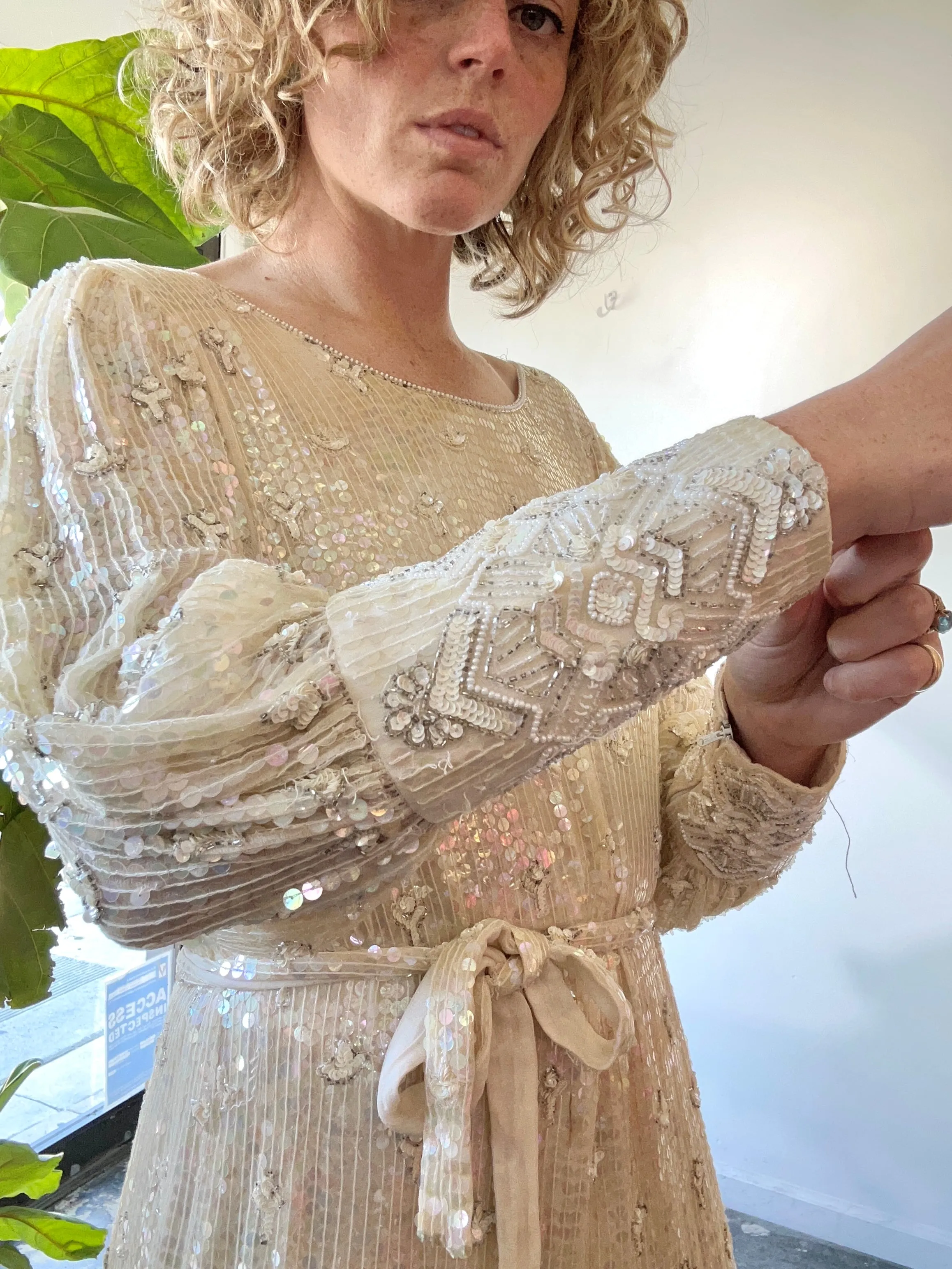 Vintage Sistermax Cream Sequin Cocktail Dress with Matching Belt