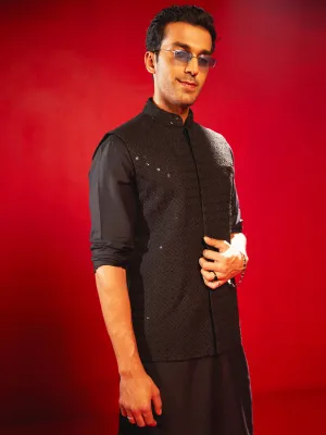 VM BY VASTRAMAY Men's Black Schiflli Nehru Jacket