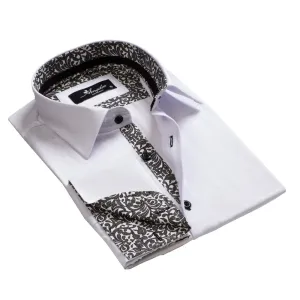 White with Black Paisley Mens Slim Fit French Cuff Shirts with Cufflink Holes - Casual and Formal