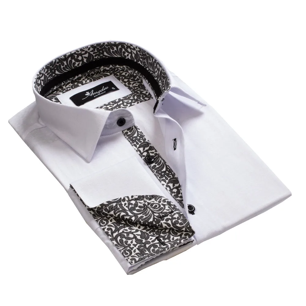 White with Black Paisley Mens Slim Fit French Cuff Shirts with Cufflink Holes - Casual and Formal