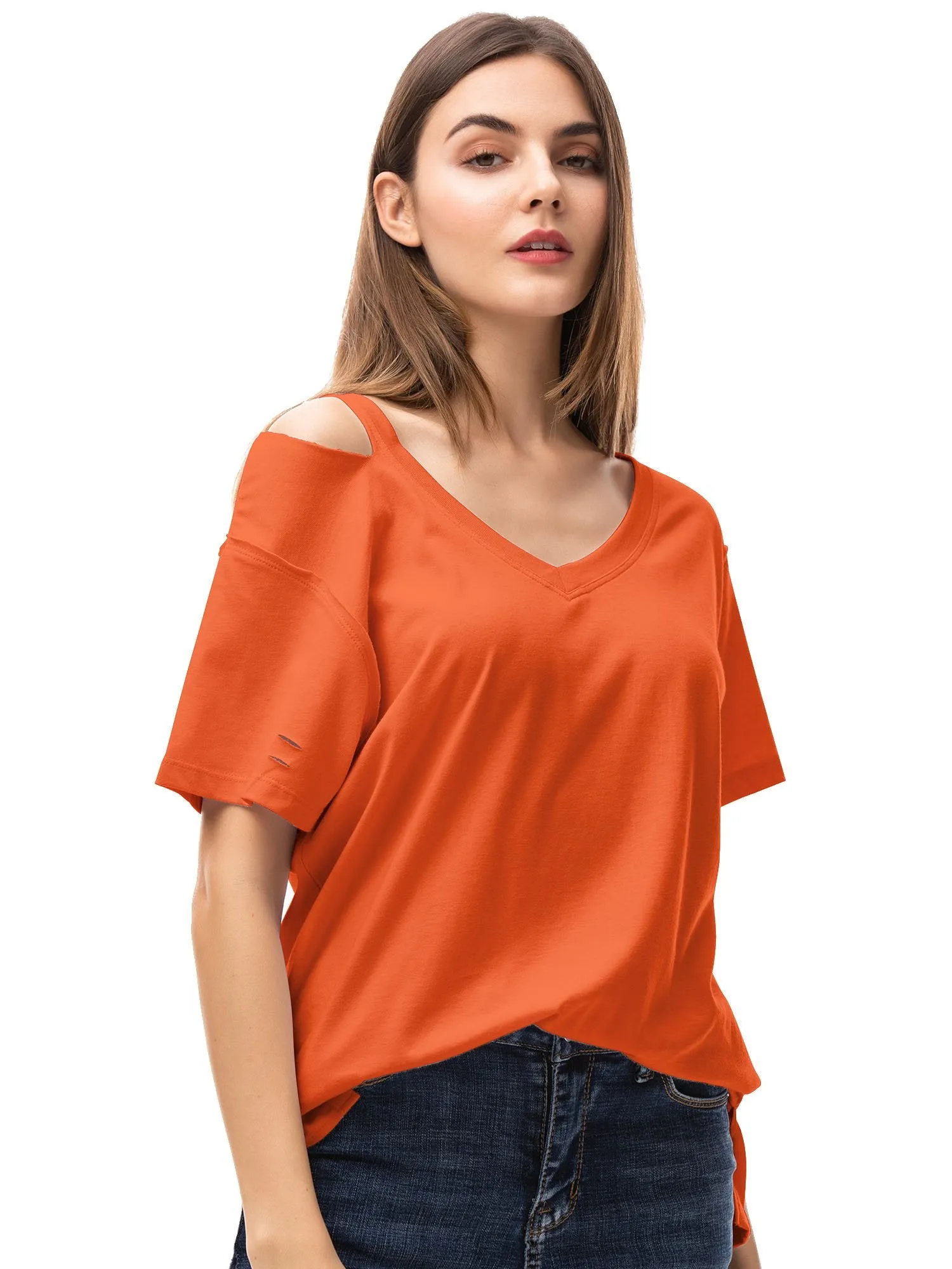 Women‘s V Neck T Shirts Loose Fitting Short Sleeve Cotton Cold Shoulder Casual Tops