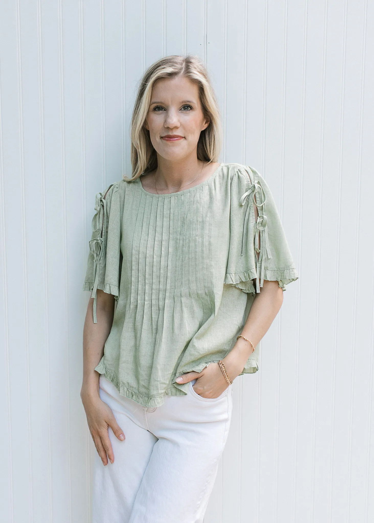 XZ Soft Green Tie Sleeve Top