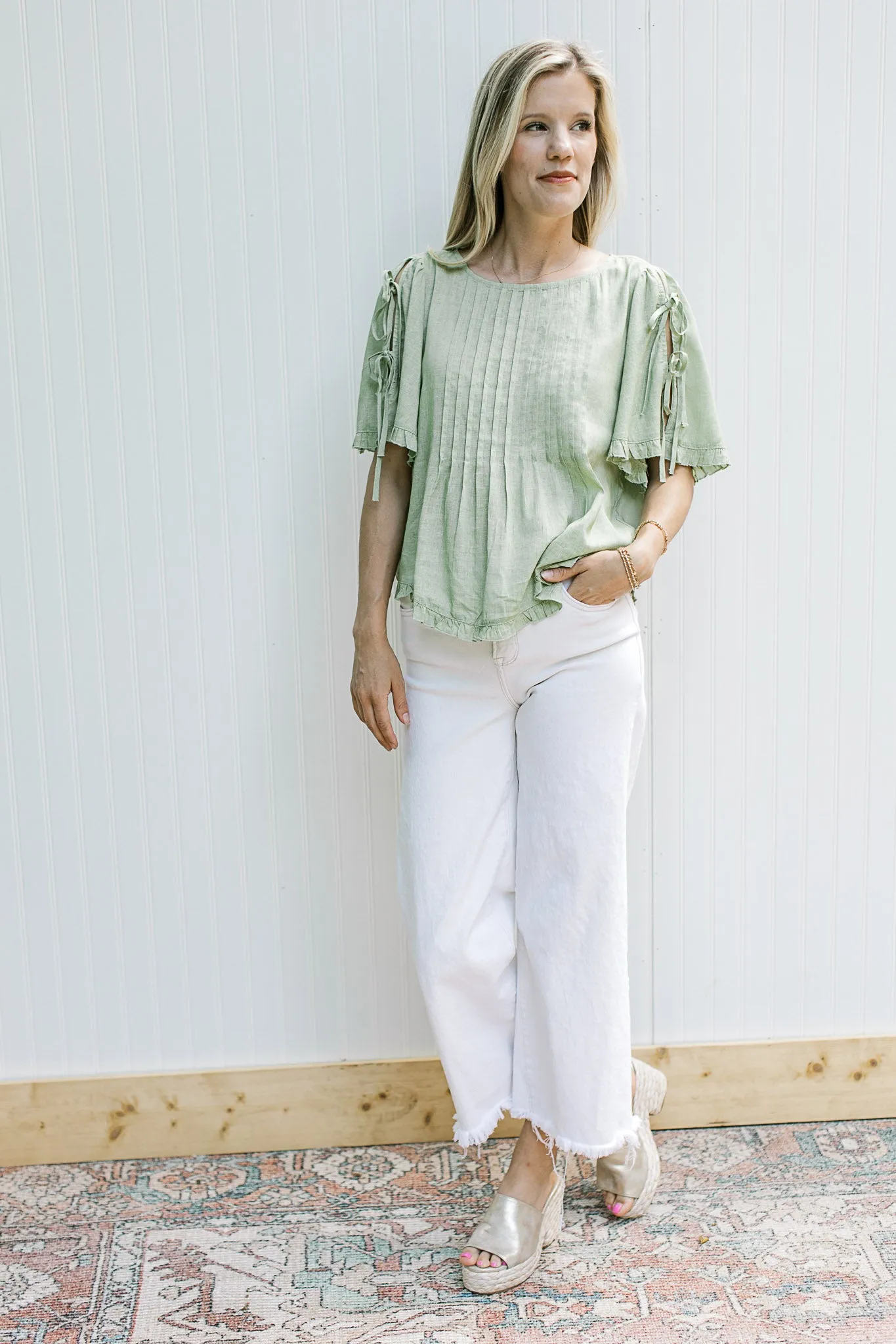 XZ Soft Green Tie Sleeve Top