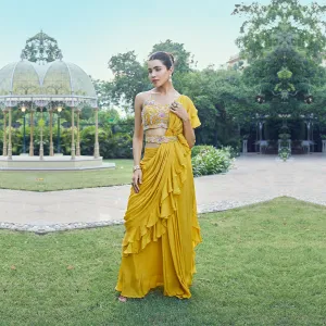 Yellow Sequined Ruffle ReadyMade Saree